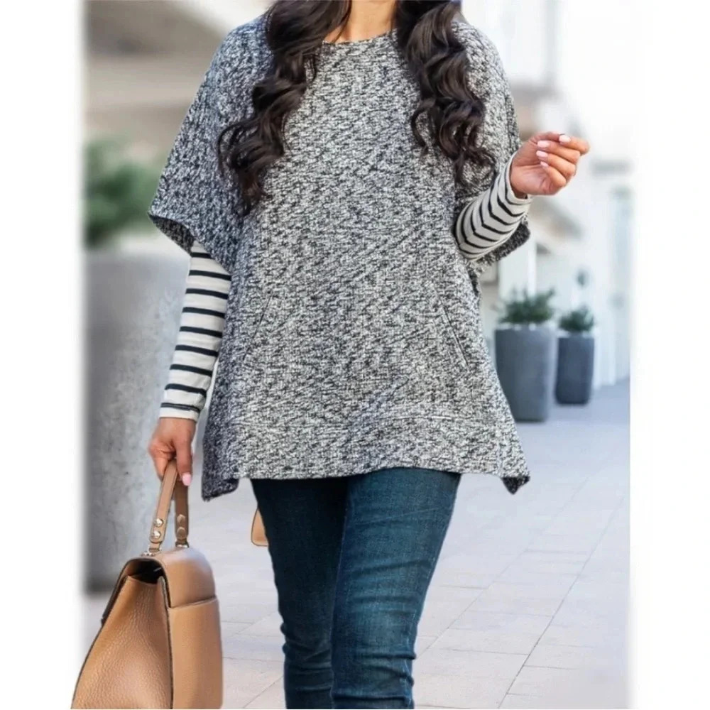 Lou & Grey Marled Knit Poncho Sweater XS/S Gray Oversized Cozy